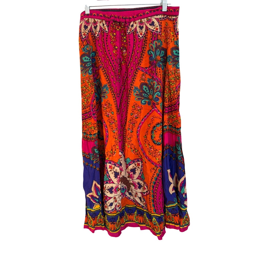 Soft Surroundings Maxi Skirt Pink Orange Paisley Floral Tassel Boho L Large - Picture 3 of 8